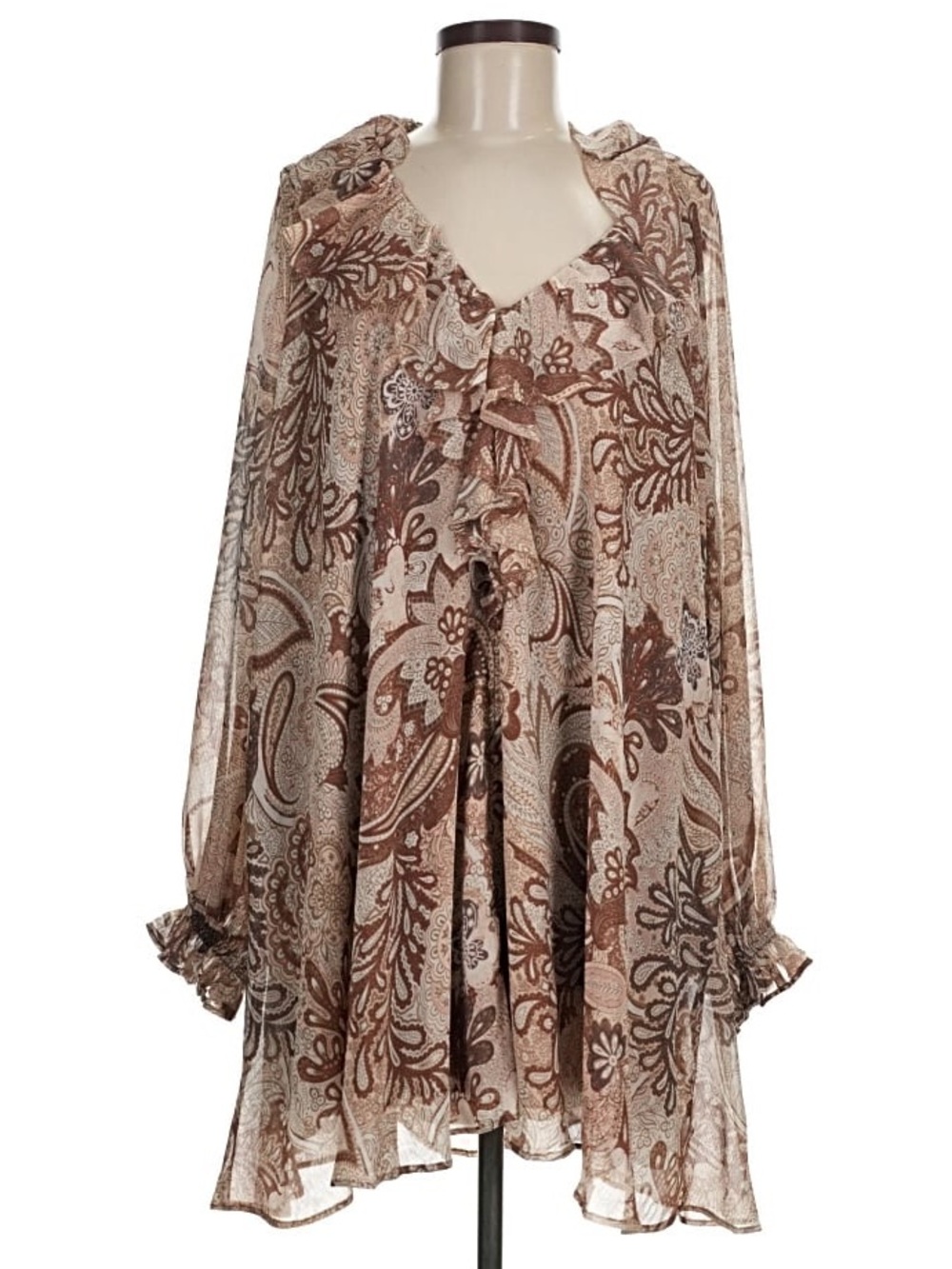 House of Harlow 1960 Boho Paisley Print Brown & Tan Balloon Sleeve Flowy Dress M